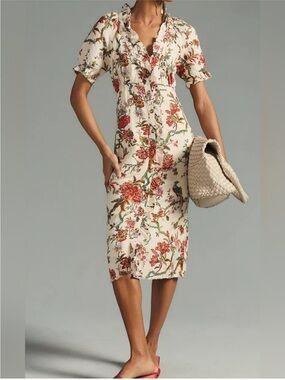 Anthropologie Pilcro Cream Floral Button Up Midi Dress With Tie back